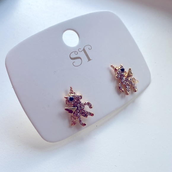 NEW [ST] Unicorn Rhinestone Crystal Zircon Sparkle Stud Gold-Toned Earrings - Picture 4 of 7